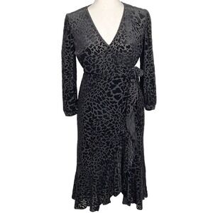 Calvin‎ Klein Dress Women 6 Black Velvet Leopard Texture Wrap Whimsy Goth